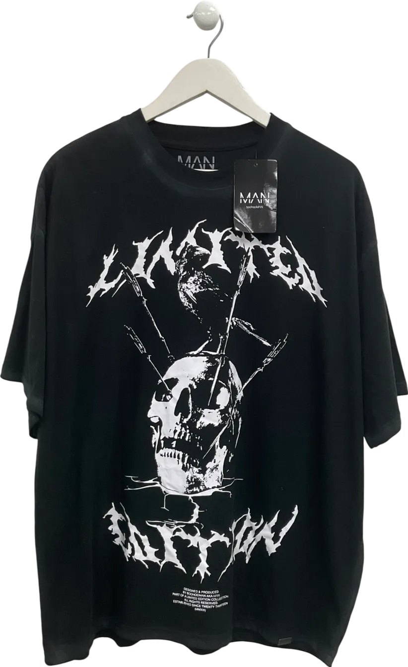 boohooMan Black Oversize Washed Limited Edition Skull T-shirt UK L
